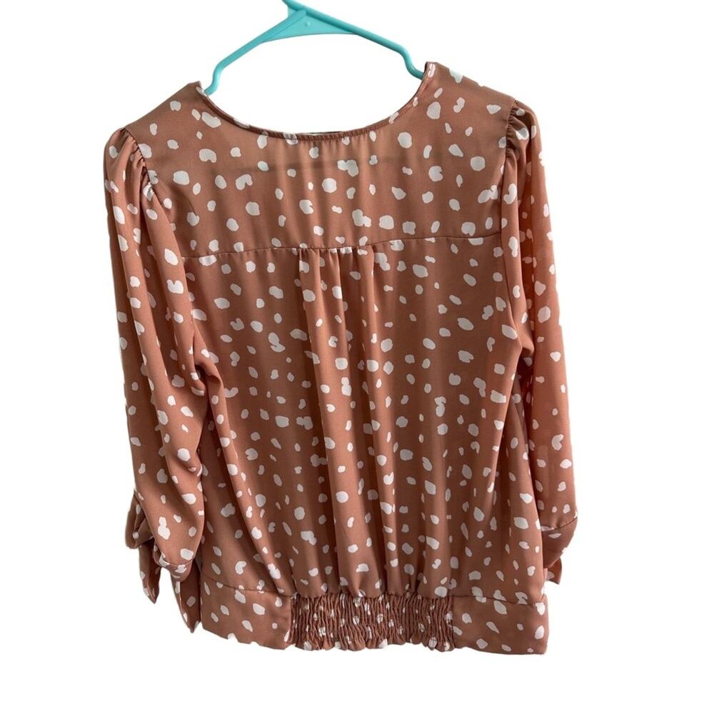 West Kei Blouse Womans Medium Tan Polka Dot Surplice Tie-Sleeve Blouse Office - Picture 3 of 10